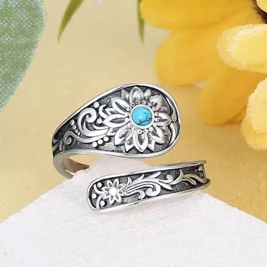 Silver alloy adjustable ring with sunflower flower shape and turquoise accent, Bohemian style for women