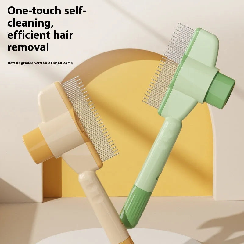 Yellow and green self-cleaning pet comb for cats and dogs with stainless steel teeth and a release button.
