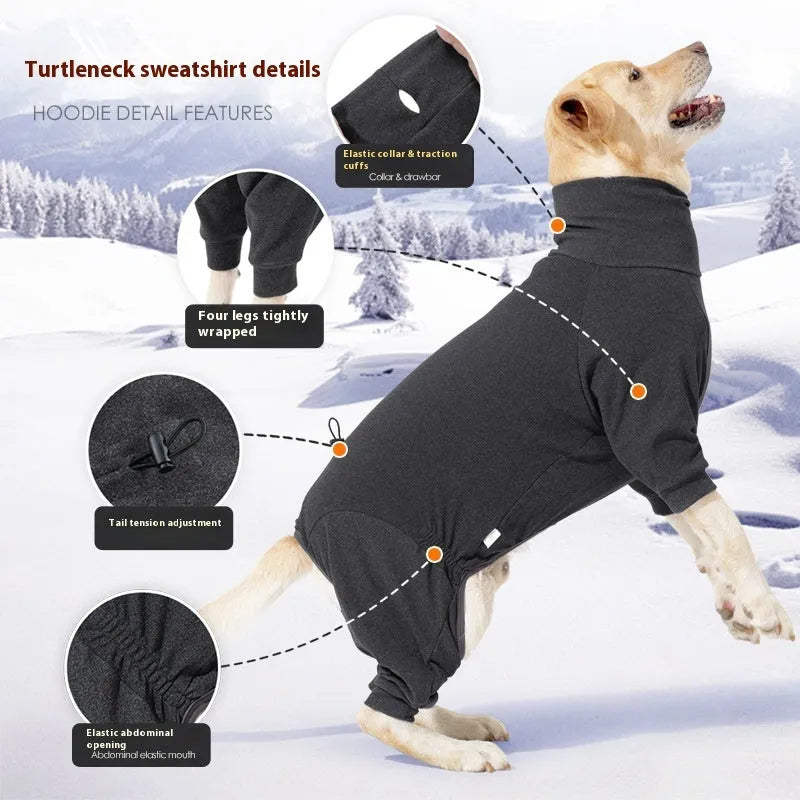 Four-leg polar fleece dog coat with high collar in dark grey or wine red colour options