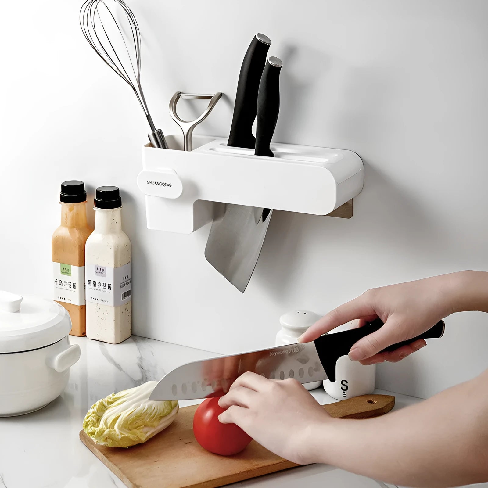 White plastic kitchen knife rack with 26cm height for countertop organisation
