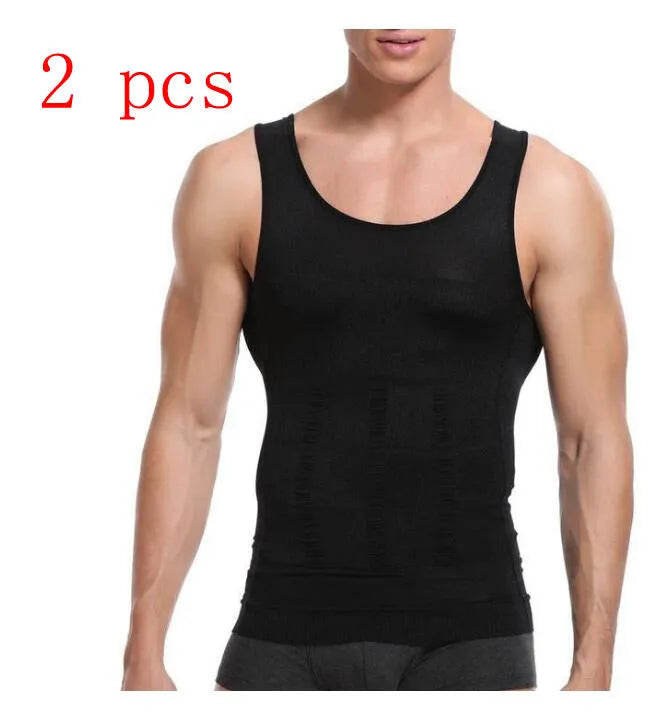 Men's tummy shaper vest in black or white, 80% nylon 20% spandex, U-shaped neckline, sizes M to XXL