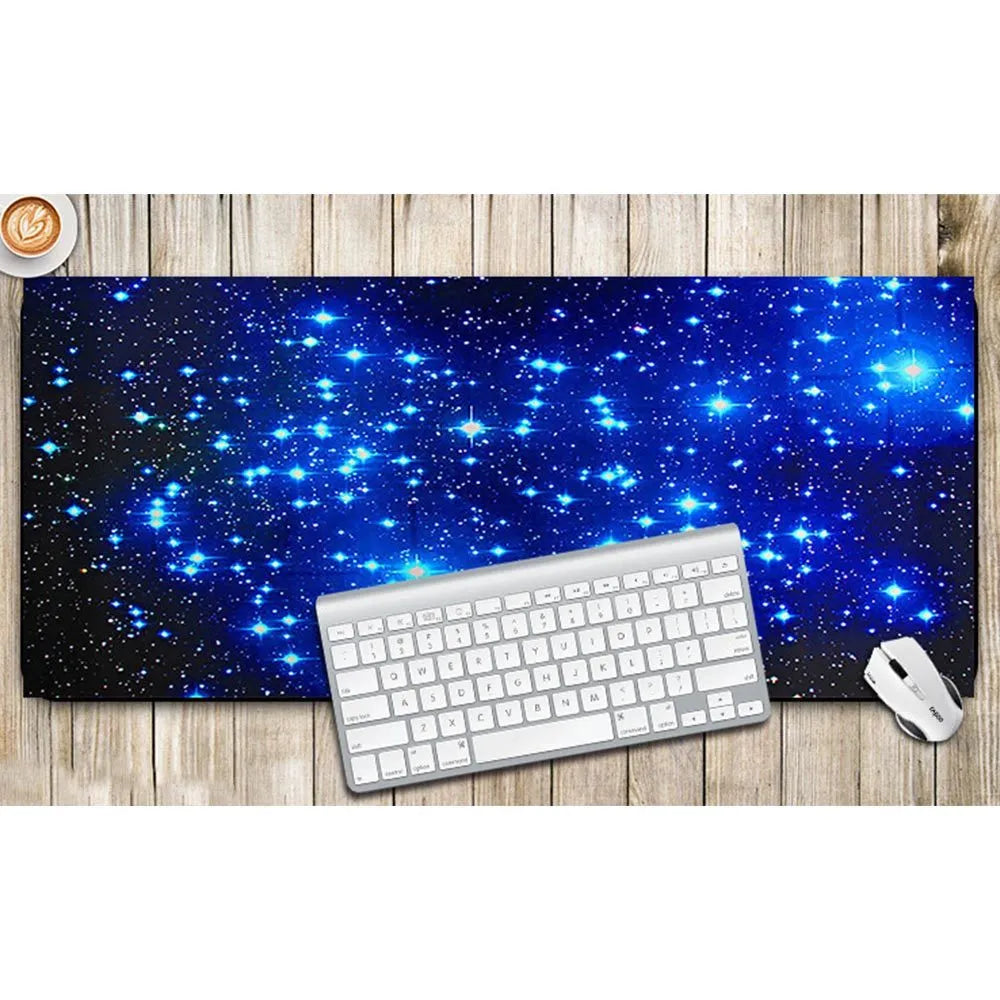 Blue star mouse pad with high-density fabric surface and anti-skid natural rubber base on a desk