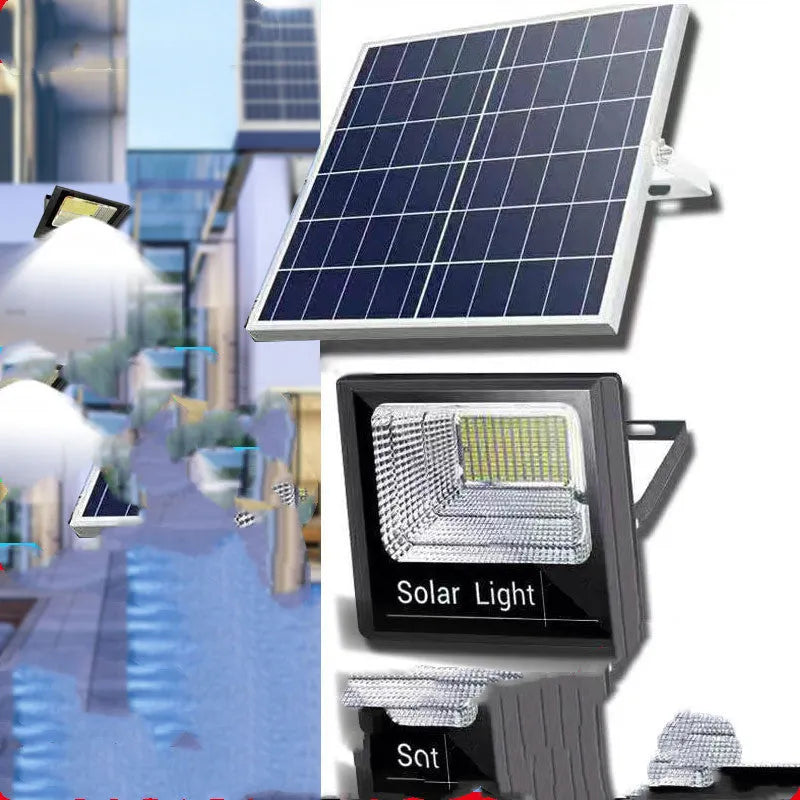 Black Cornucopia solar-powered LED flood light with remote control mounted on an outdoor wall