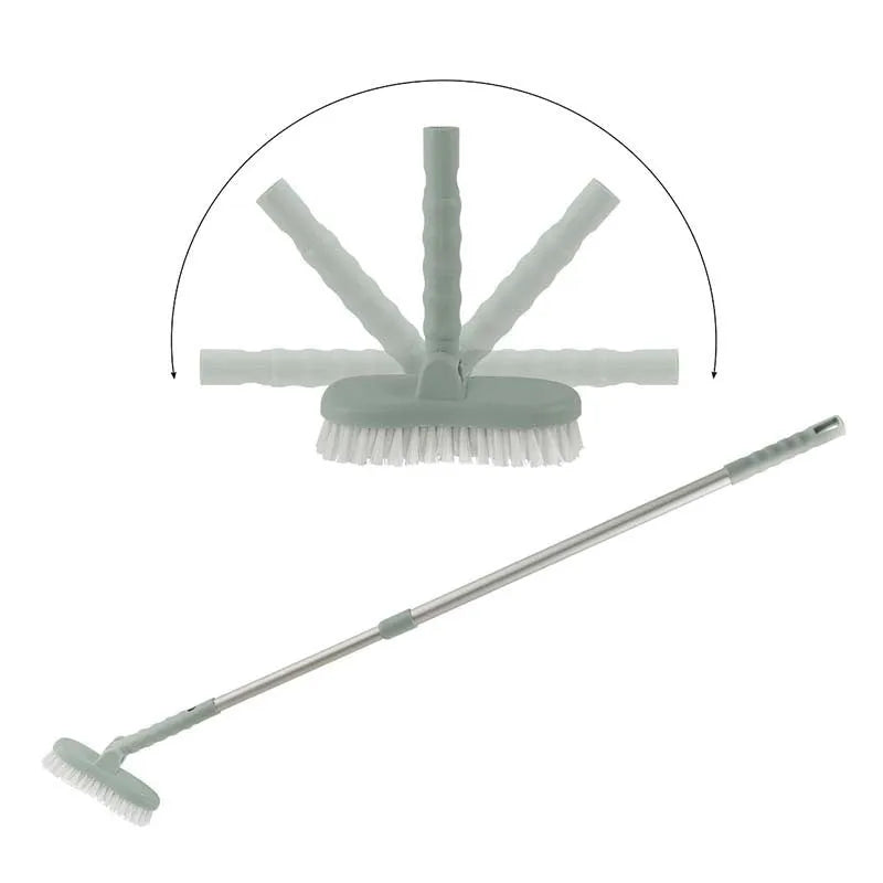 Blue long handle floor brush with telescopic aluminium rod and detachable nylon bristle head on tiled floor