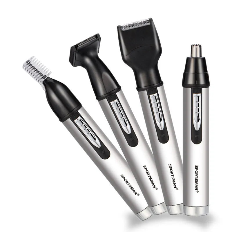 White male electric nose hair trimmer with charging base and four heads on a table
