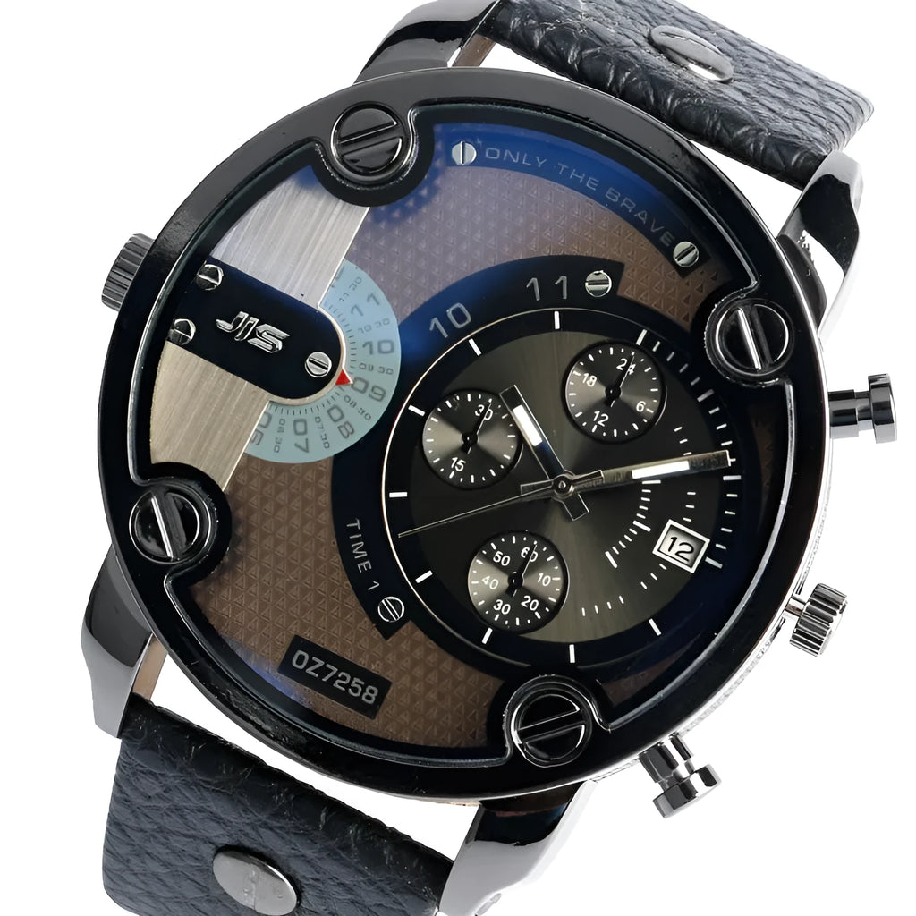 Large 43mm round quartz watch with leather strap, alloy case, and stainless steel pin buckle in black or brown