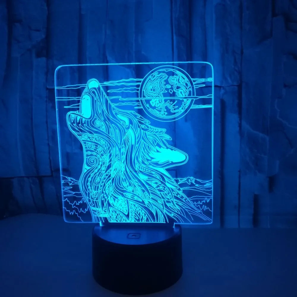 Colour-changing LED desk lamp with acrylic shade and remote control on wooden desk