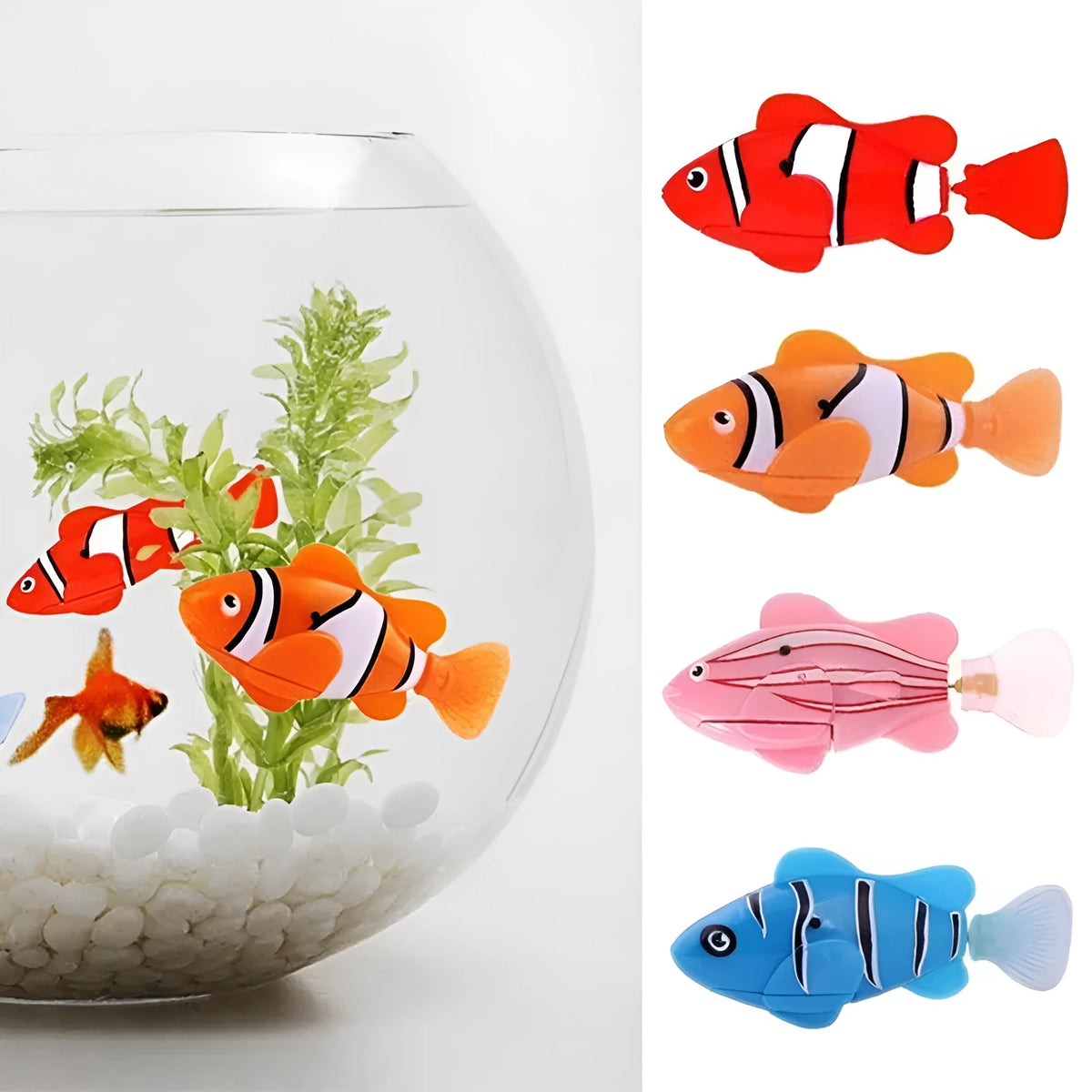 Set of four plastic electronic pet fish toys in red orange pink blue, 8cm, for bath or tank