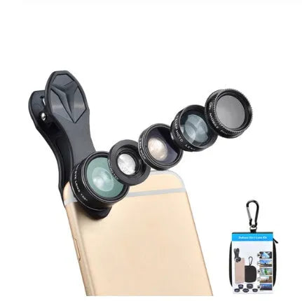 Black universal 5-in-1 smartphone lens kit showing wide-angle, macro, fisheye, telephoto and CPL lenses with clip and storage bag.