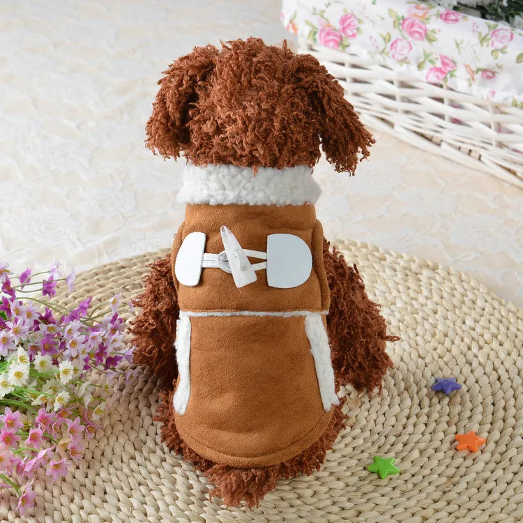 Teddy dog clothes costume in lamb velvet, available in brown or pink, sizes XS to XL.
