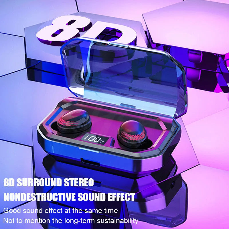 Black Bluetooth wireless earbuds with a matching charging case on a white background.