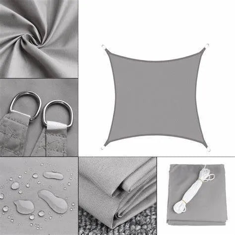 Blue curved square shade sail measuring 3x4 metres providing garden sun protection