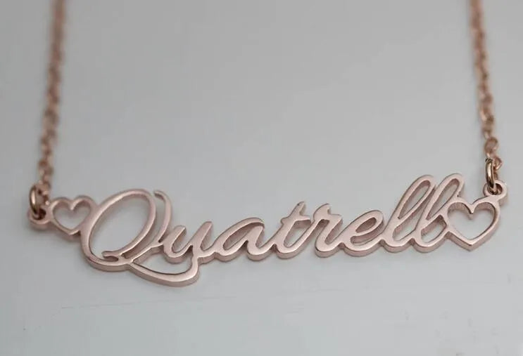 Custom women's name necklace with double empty heart pendant on 45cm stainless steel chain