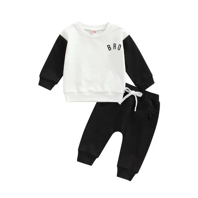Boys' cotton letter print top and full-length trousers set in black, white or grey, sizes 70cm to 130cm