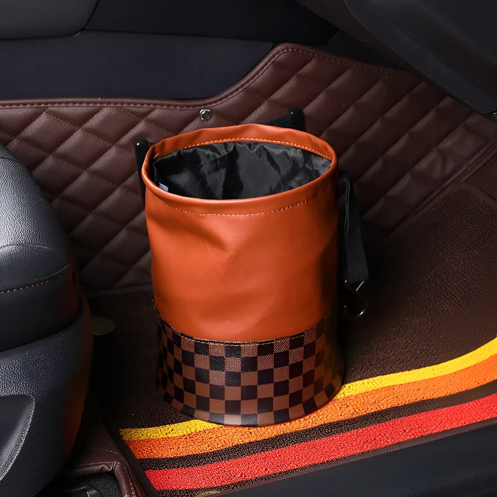 Leather retractable car trash can with handle for vehicle interior