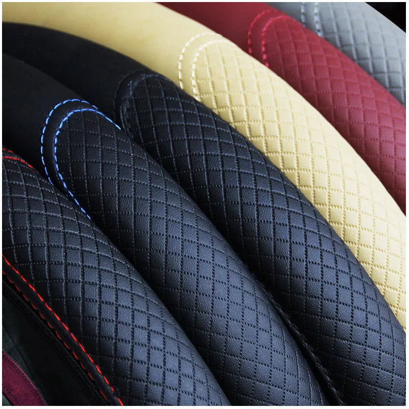 Fiber leather double round steering wheel cover in black, size 37-38cm diameter
