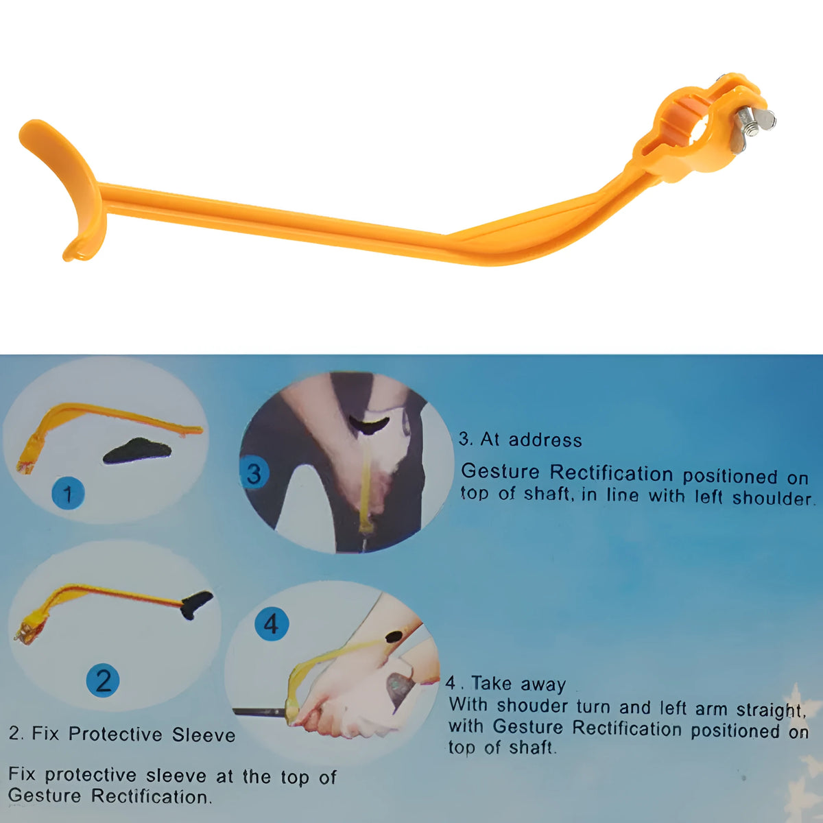 Yellow golf swing training aid, plastic, 25 x 8 x 5cm, for wrist hinge and face alignment.