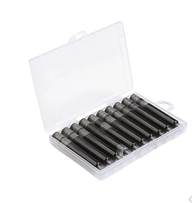 Ten steel ink sacs for fountain pen and dip pen repair laid out showing metal construction