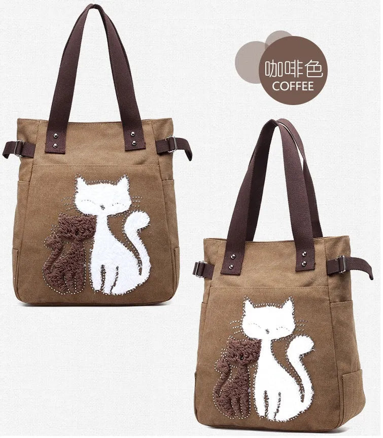 KVKY women canvas bag with plush cat applique in beige, showing shoulder strap and front pocket