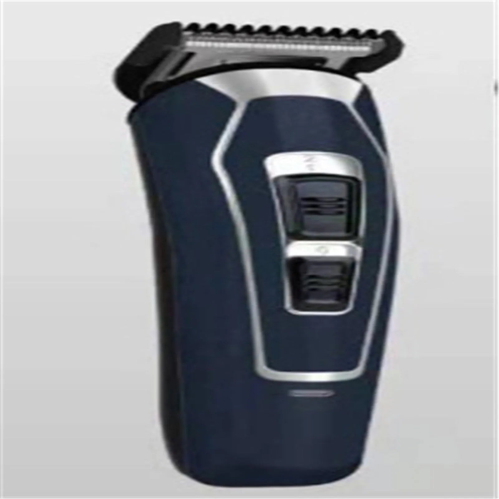 Dark blue rechargeable electric hair clipper with stainless steel blades on a white background.