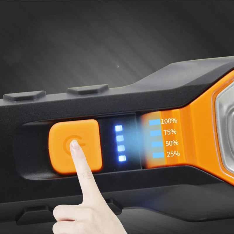 Multifunctional COB work light in ABS plastic housing with LED light, available as dry battery or rechargeable USB model