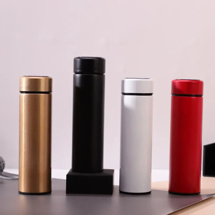 Stainless steel vacuum flask with LED touch display showing temperature, 500ml capacity, 304 stainless steel construction, gold colour