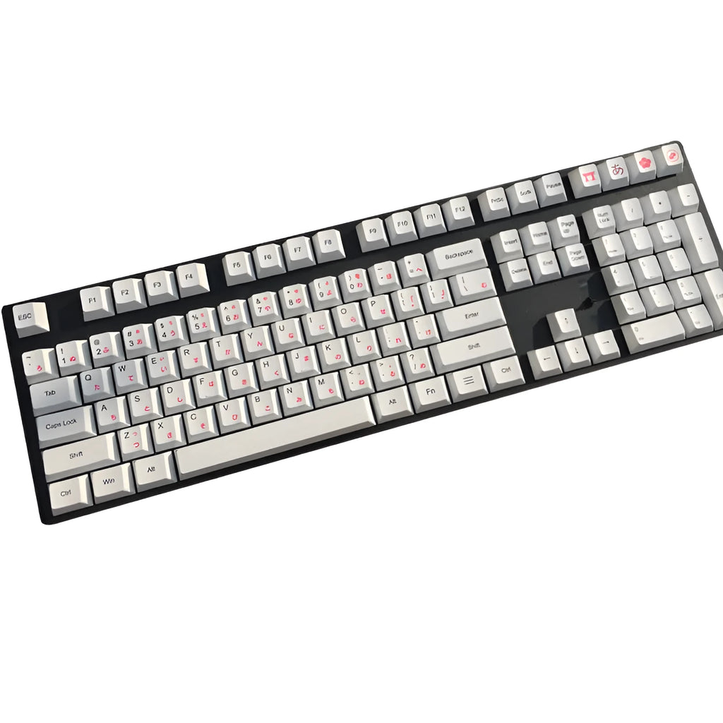 PBT sublimation keycap set showing Japanese, Russian, and Korean characters on mechanical keyboard keys