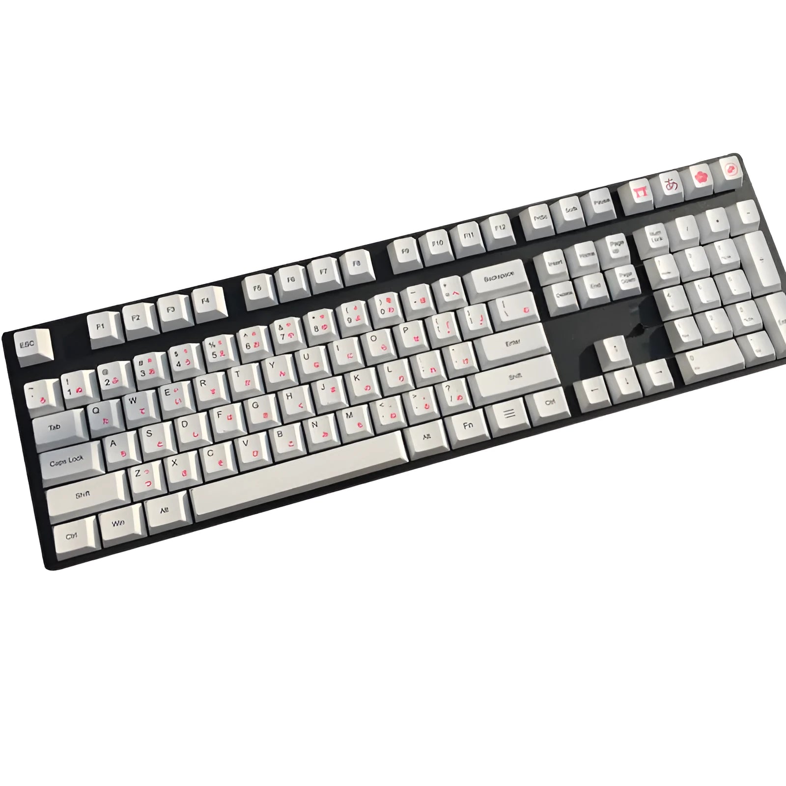 PBT sublimation keycap set showing Japanese, Russian, and Korean characters on mechanical keyboard keys