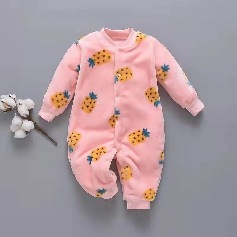 Long sleeve baby onesie romper in thicker flannel fabric with panda print design