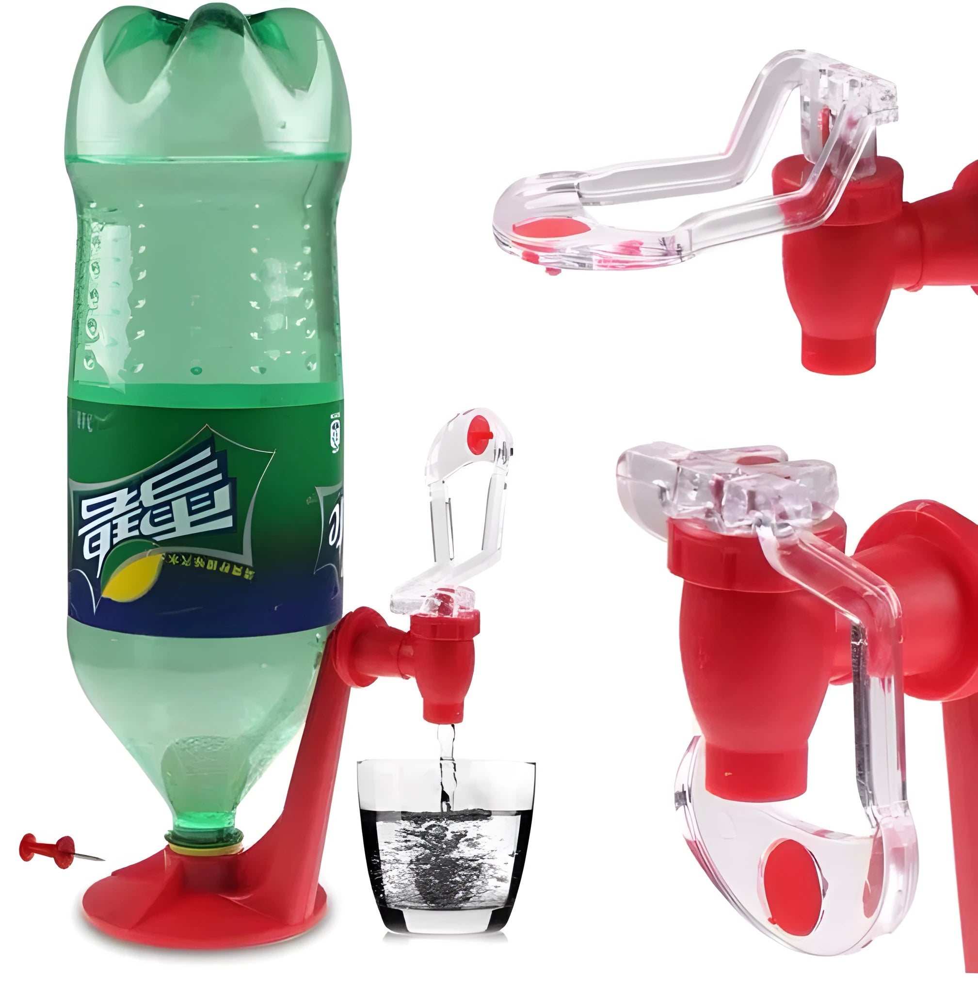 Red plastic Magic Tap soda dispenser attached to 2-liter bottle showing push-in tap mechanism