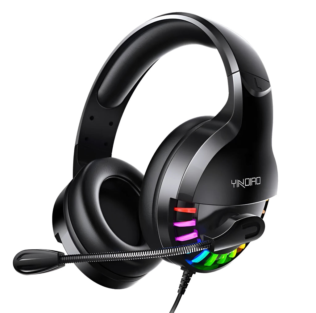 Black wired gaming headset with microphone and line control sound card featuring 3.5mm plug