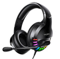 Black wired gaming headset with microphone and line control sound card featuring 3.5mm plug