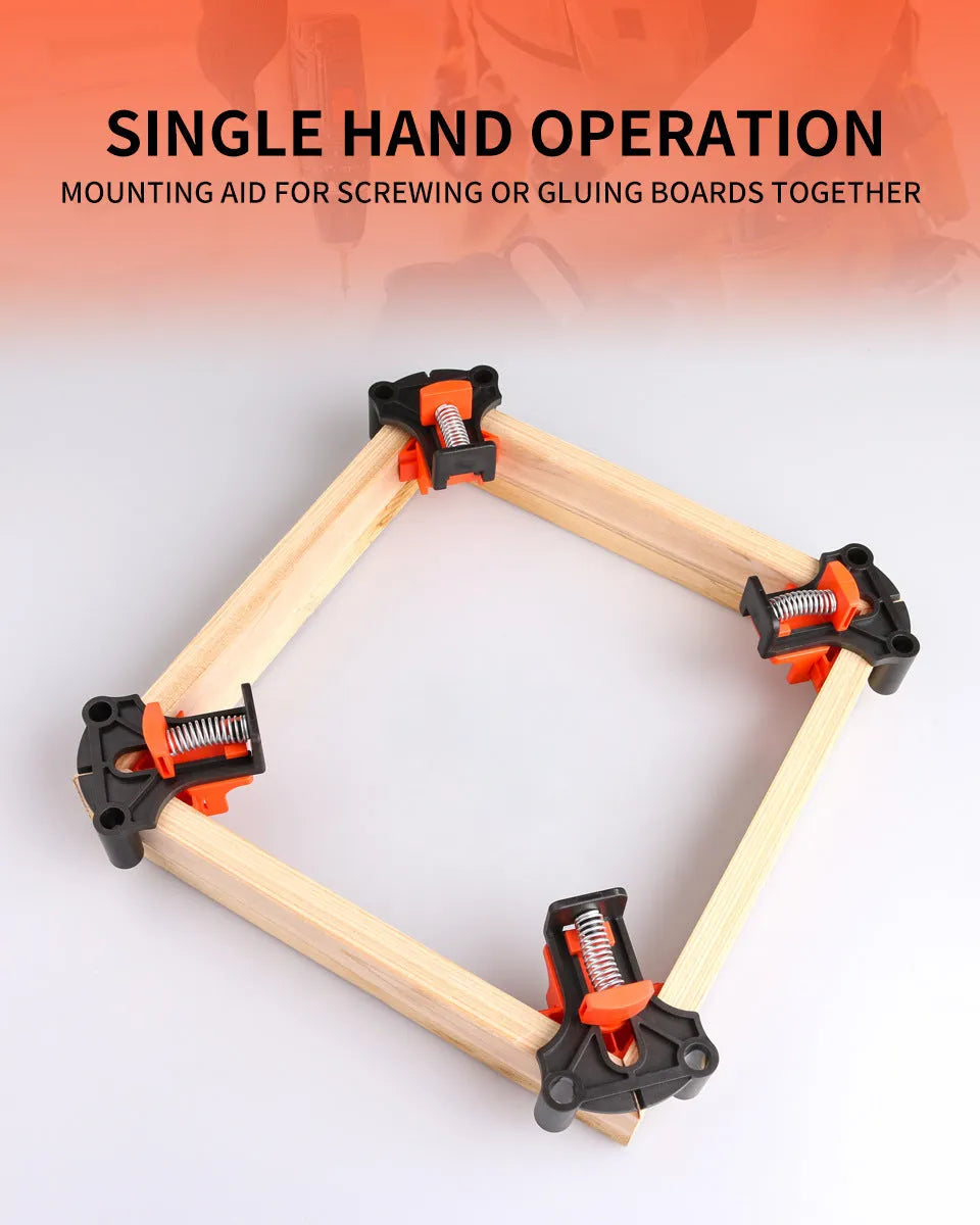 Four plastic 90 degree right angle woodworking clips for picture frame assembly