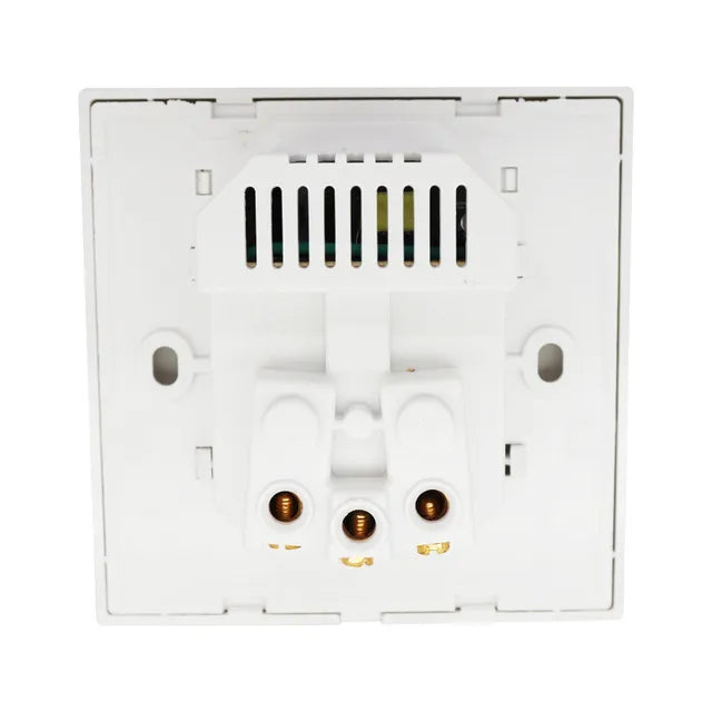 16A 25V white PC wall socket with black safety shutter and screw fixings on white background