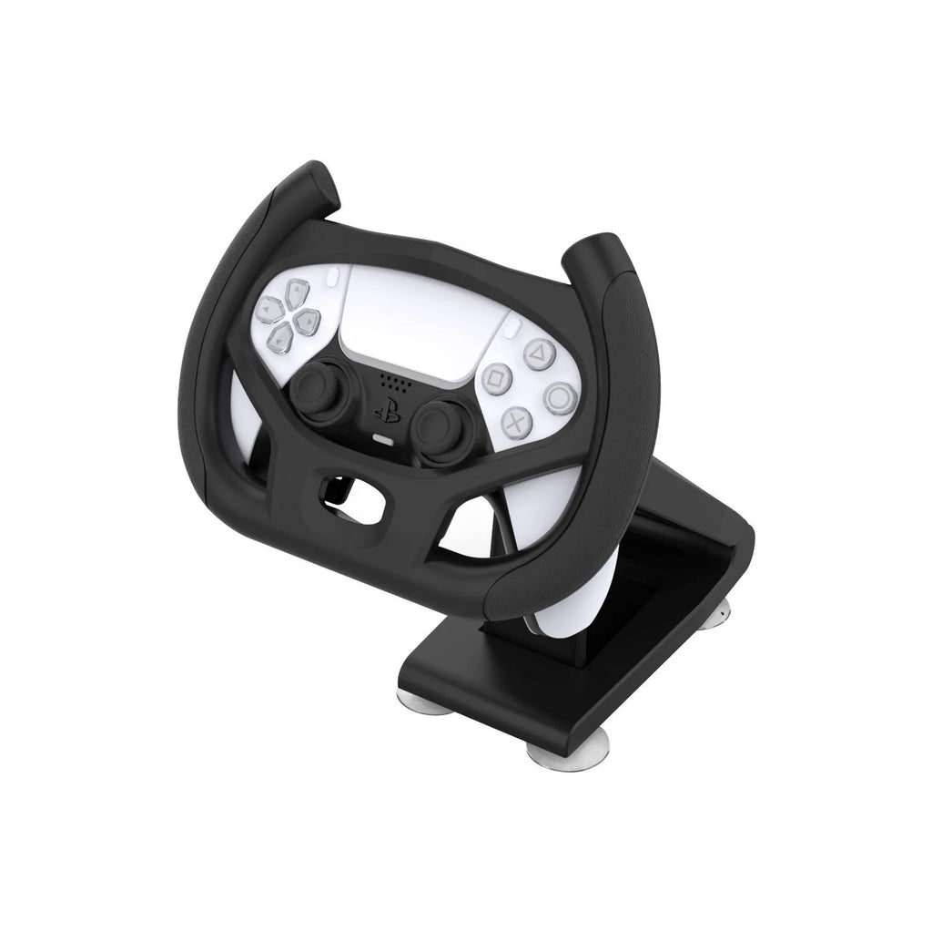 Black ABS plastic steering wheel bracket with suction cup for attaching a mobile phone to a gamepad.