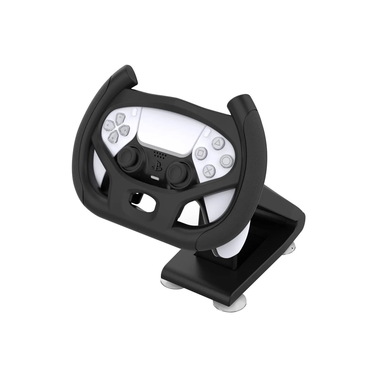 Black ABS plastic steering wheel bracket with suction cup for attaching a mobile phone to a gamepad.