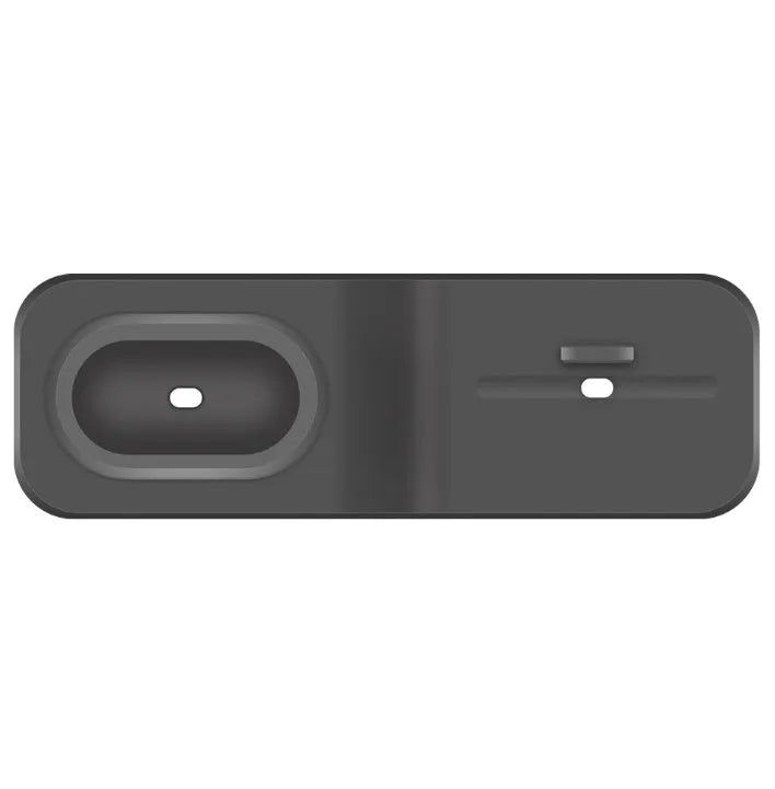 Black silicone 3-in-1 wireless charging station for Apple Watch, AirPods and iPhone on a desk
