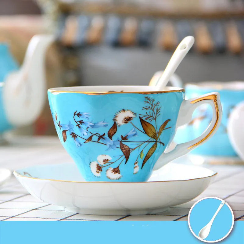 European porcelain coffee cup and saucer set with pastoral style pattern in assorted colours