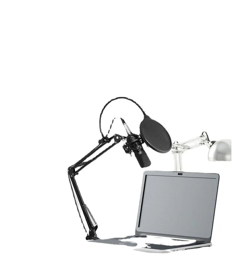 Black wired capacitor microphone with shockproof support and cantilever frame for phone K song and computer recording