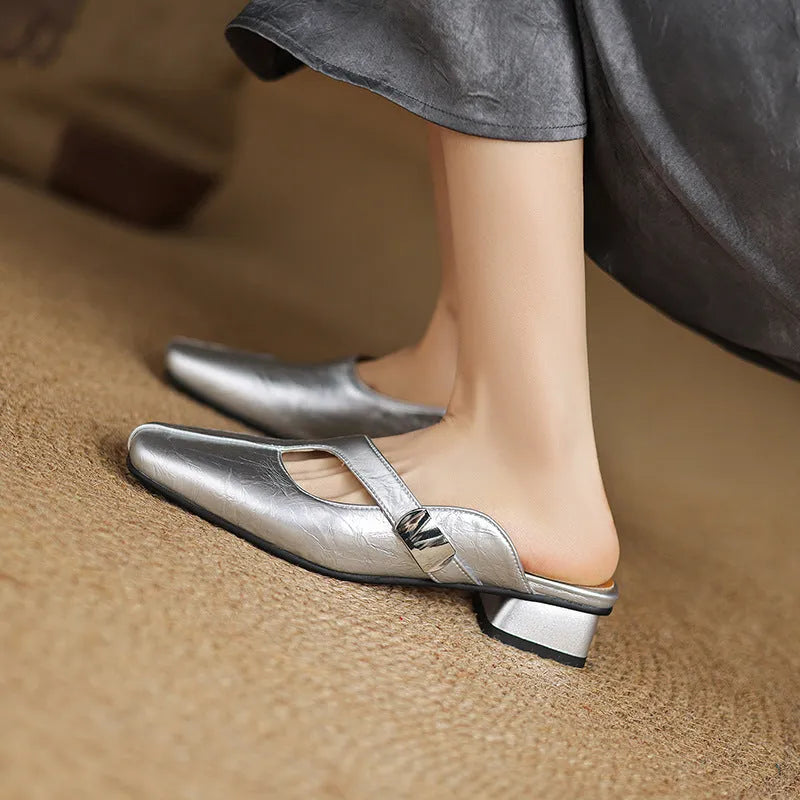 Square head low heel leisure slipper in artificial PU, shown in black, beige, and silver colour options.