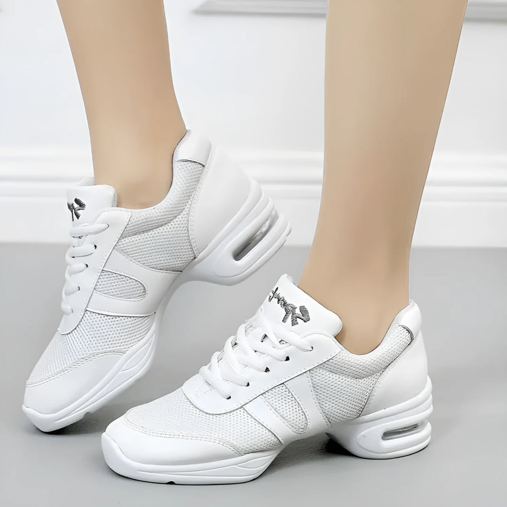Modern women white dancing shoes with breathable mesh upper and polyurethane sole
