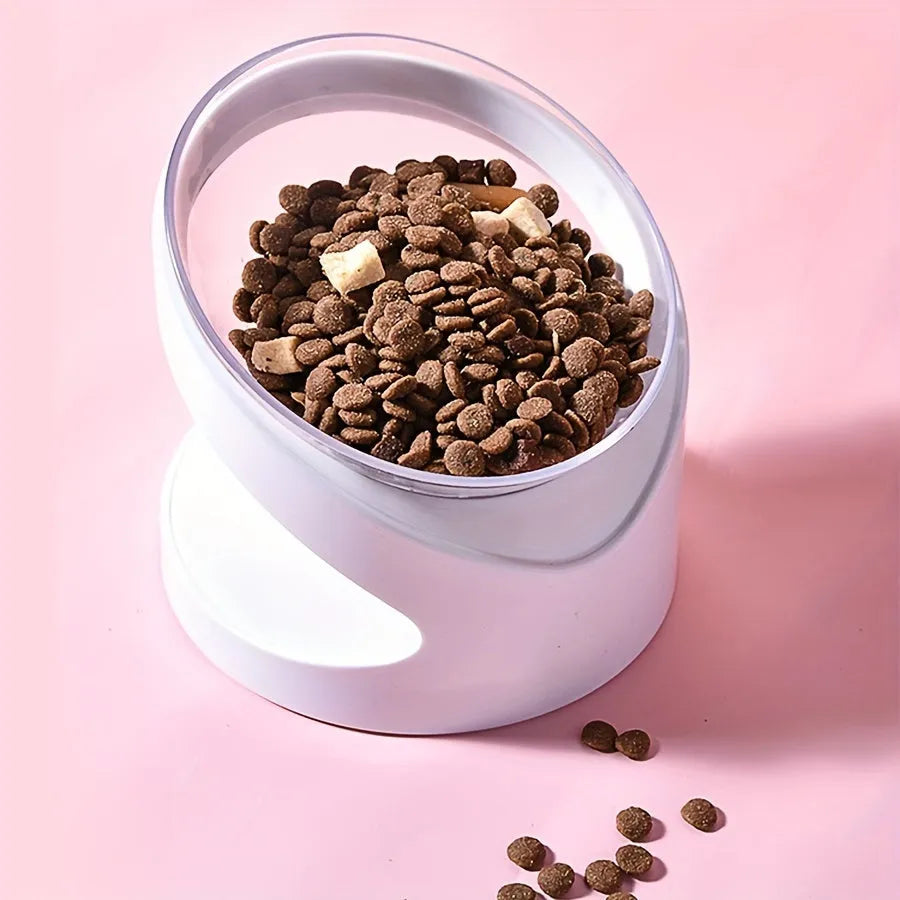 White plastic elevated cat food bowl with tilted design for neck protection