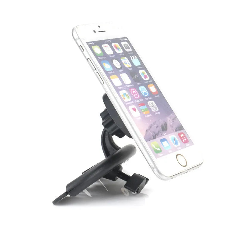 Black universal car phone holder installed in a CD port with adjustable arms for mobile phone or GPS navigation