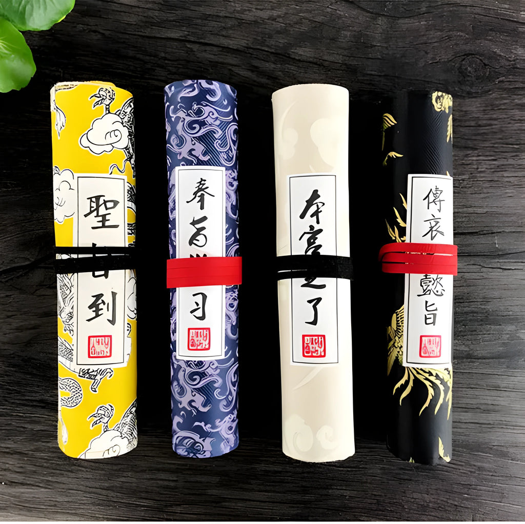 Oxford cloth student pencil case in black, blue, light yellow, and yellow colours, 285mm long.