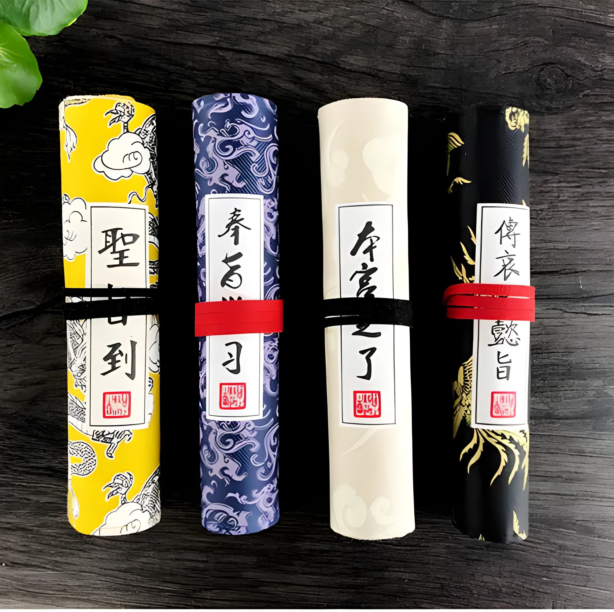 Oxford cloth student pencil case in black, blue, light yellow, and yellow colours, 285mm long.