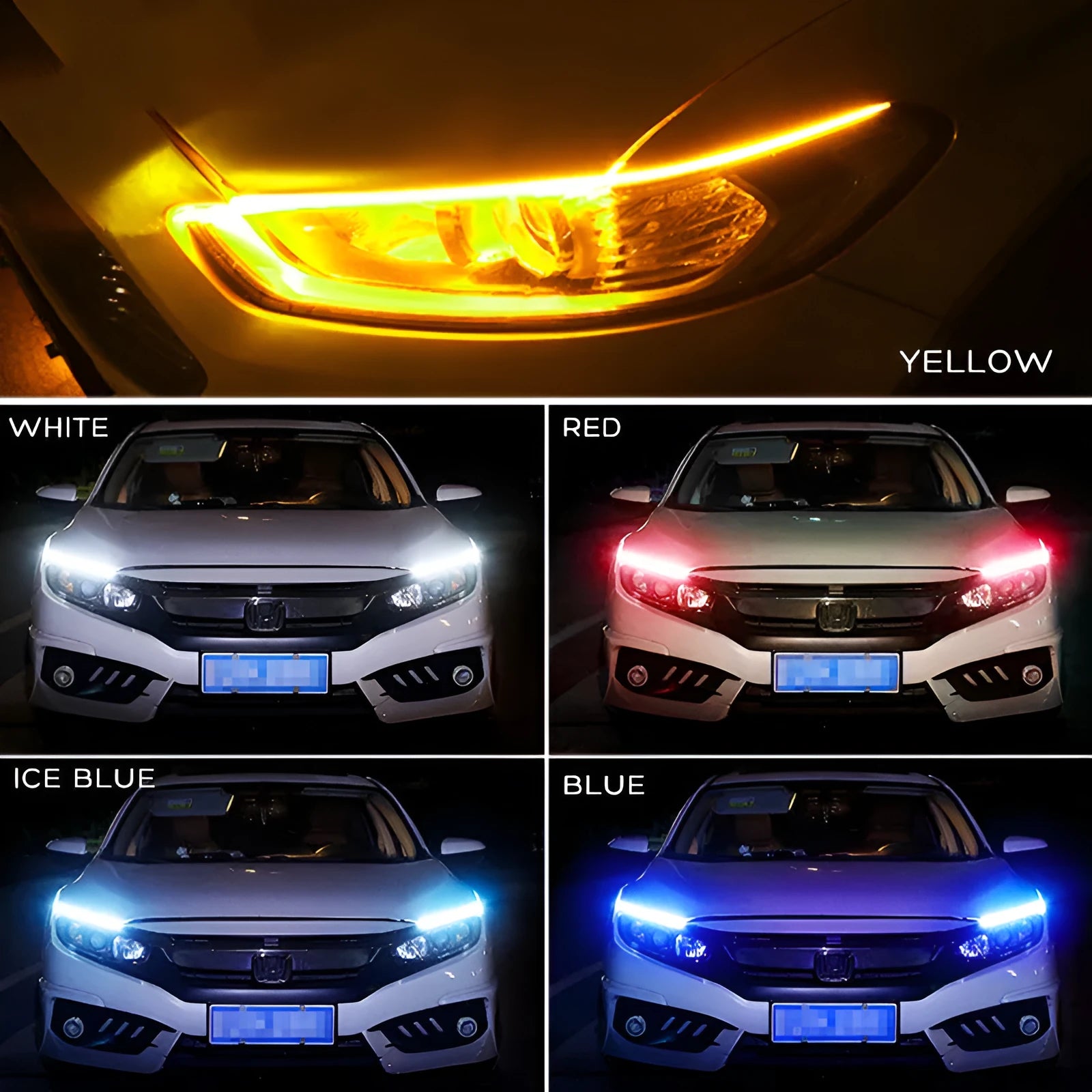 Flexible silicone car LED daytime running light strip with flowing turn signal function.