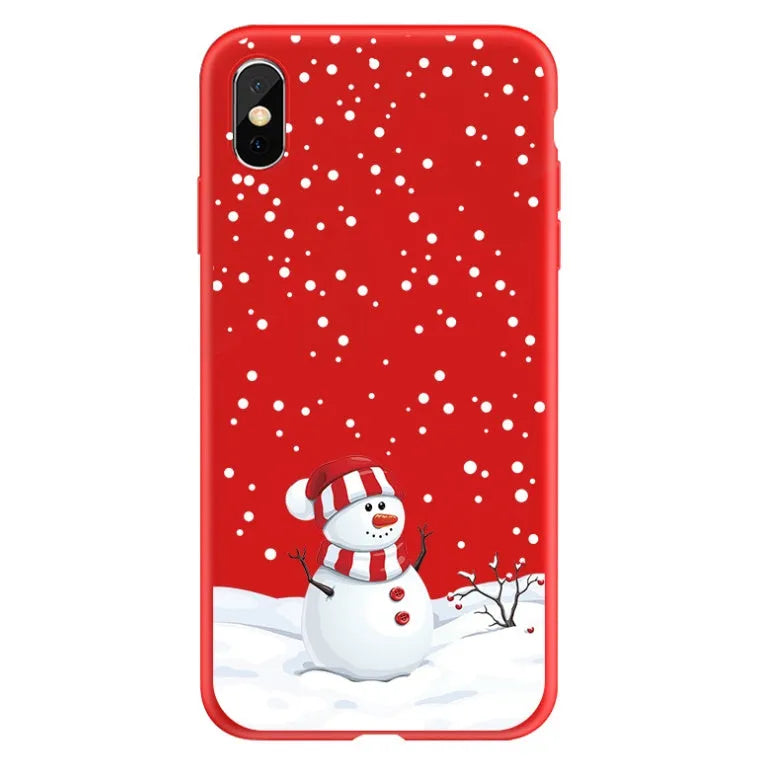 Painted Christmas themed back cover case for iPhone on a red background.