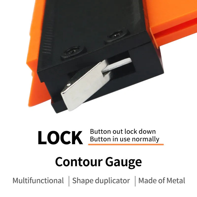 5 and 10 inch orange plastic contour gauge with teeth for copying shapes, on a tile surface