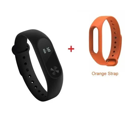 Xiaomi Mi Band 2 black fitness tracker with OLED screen on a wrist.