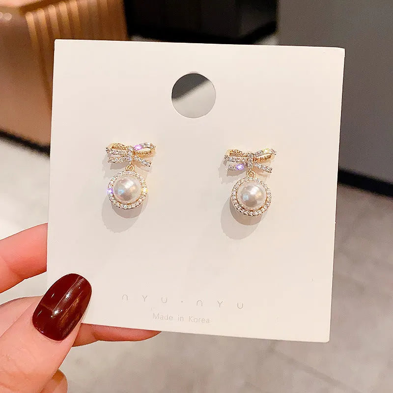 Bow pearl simple micro stud earrings white copper electroplated bowknot gemstone stud earrings